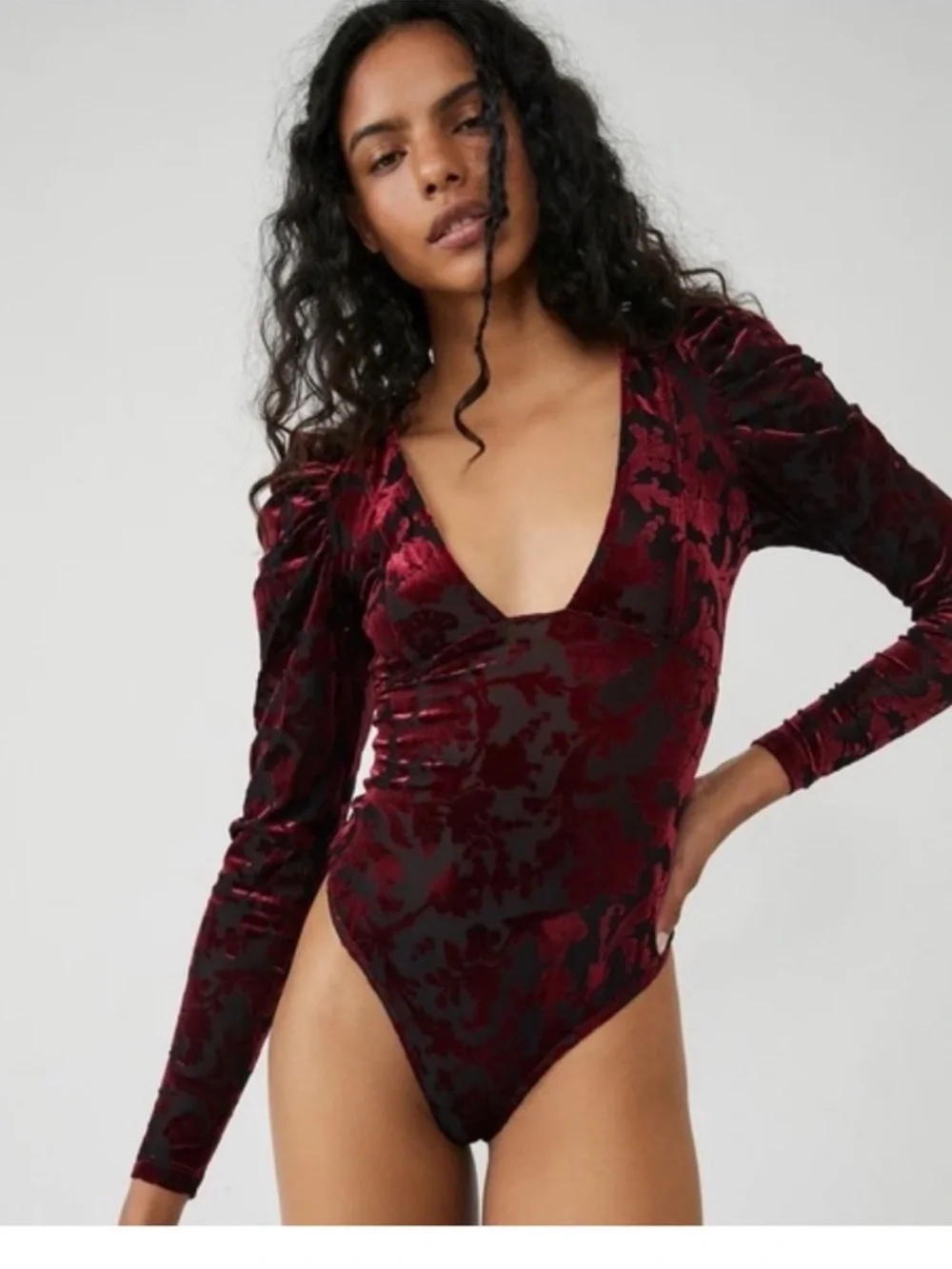 Free People Bodysuit Midnight Combo Magic Hour Velvet Long Sleeves M Wine NWT